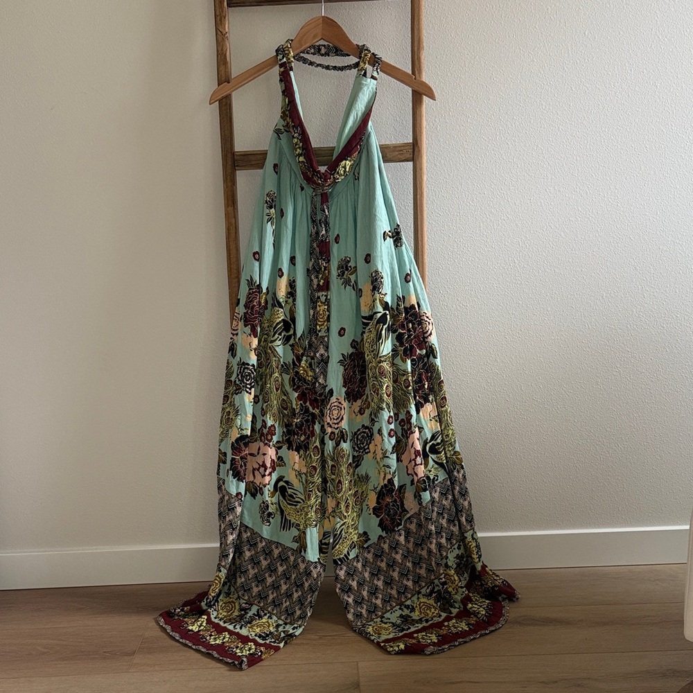 Free People Floral Maxi Romper in Aqua and Maroon
